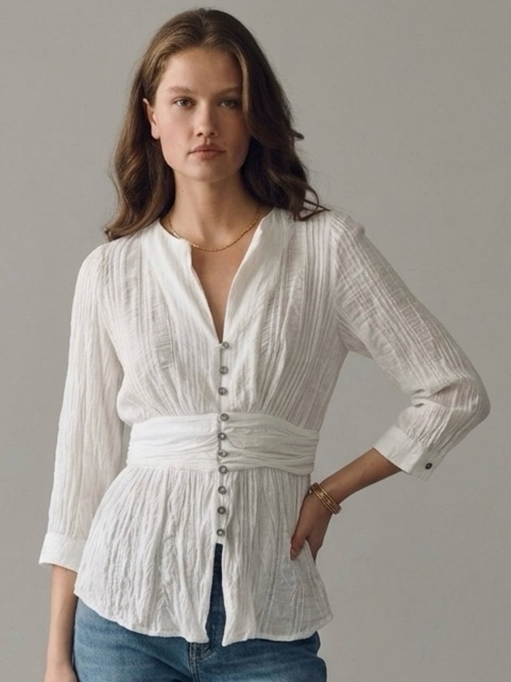 Anthropologie Maeve Ruched Waist White Fit Button Down Lightweight Boho Blouse 6